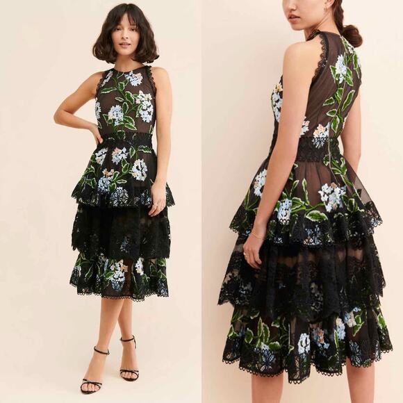 Bronx & Banco Bridget Floral Embroidered Tiered Dress XS Wedding Guest Formal
